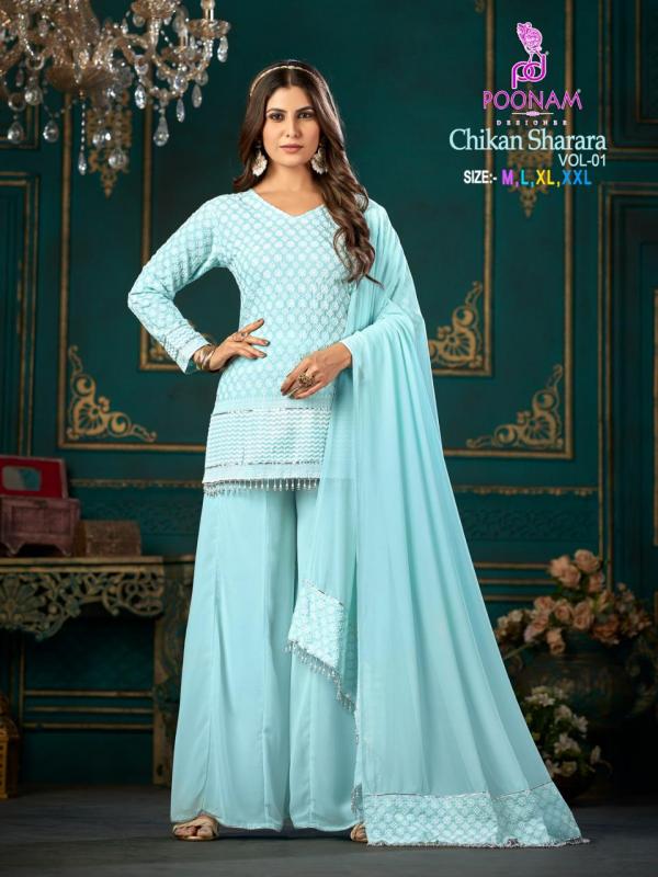 Poonam Chikankari Sharara Vol 1 Rayon Fancy Kurti With Bottom Dupatta